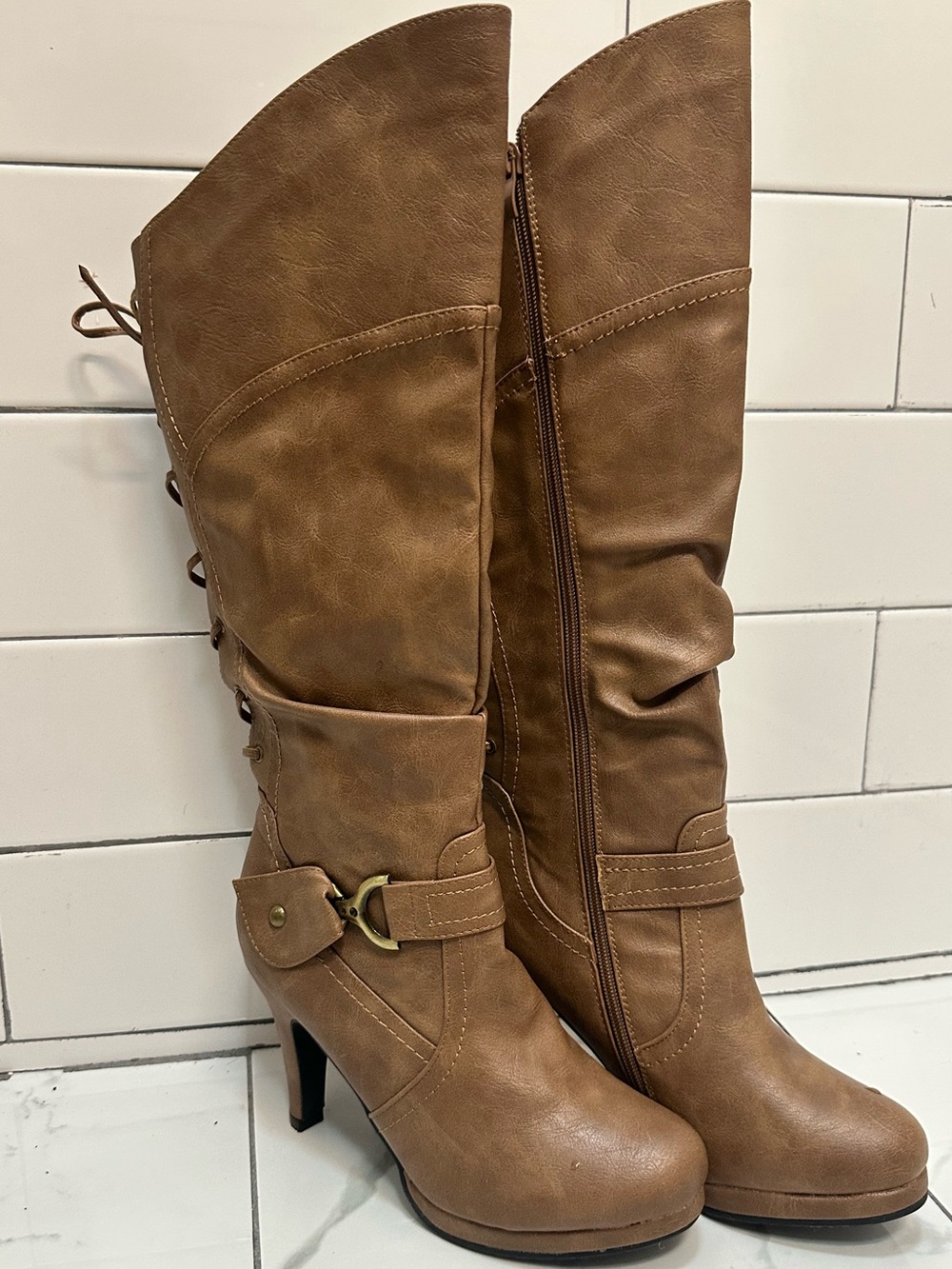 Top Moda Brown Faux Leather Lace Up Heeled Boots 8 NWOB